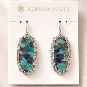 NWT [Kendra Scott] Elle Macrame Silver Chain Frame Drop Dangle Earrings, Blue